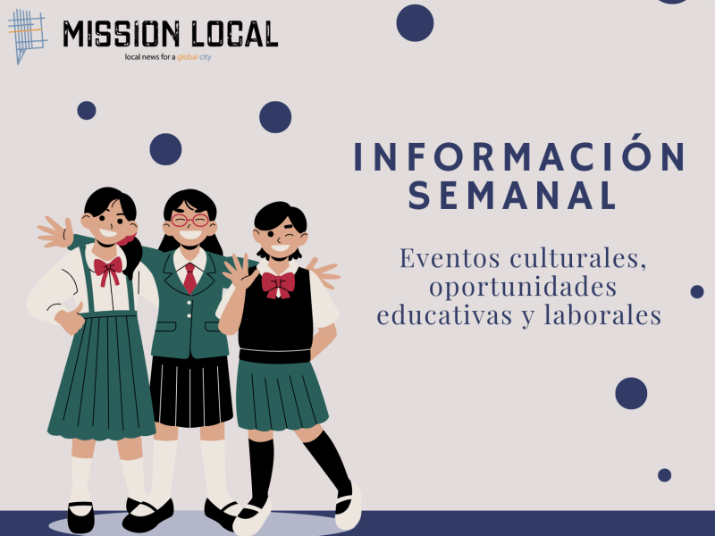 Tres estudiantes de uniforme escolar presentan la "información semanal" destacando eventos culturales, educativos y laborales.